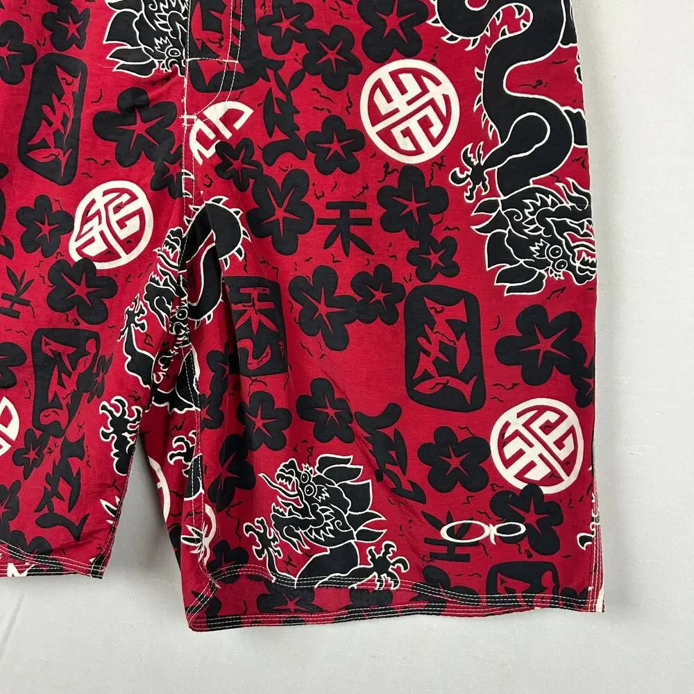 Ocean Pacific OP Vintage Red Chinese Dragon Board Shorts Swim Trunks Men's 34